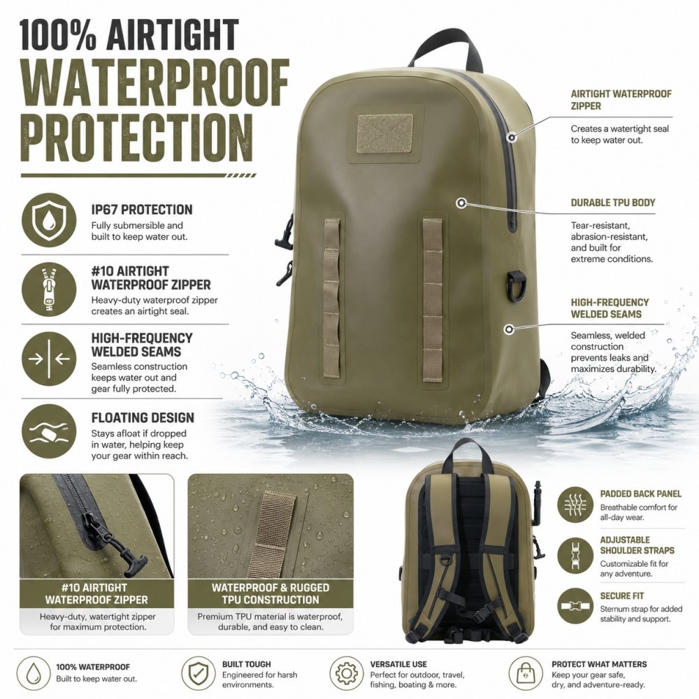 20L airtight waterproof backpack with laptop sleeve, dual mesh pockets, EVA back panel, and padded shoulder straps 20L airtight waterproof backpack with laptop sleeve, dual mesh pockets, EVA back panel, and padded shoulder straps