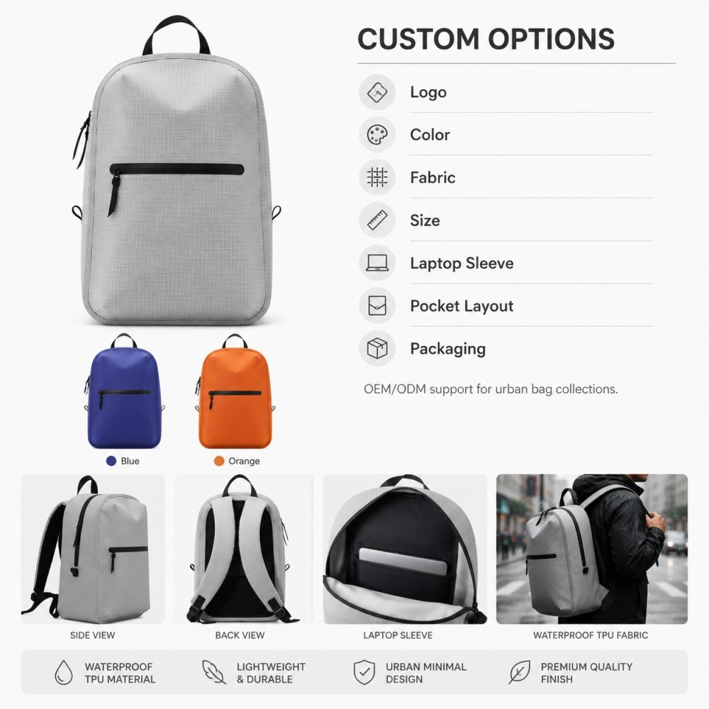 Custom lightweight waterproof TPU backpack with logo, color, fabric, size, laptop sleeve, pocket layout, and packaging options Custom lightweight waterproof TPU backpack with logo, color, fabric, size, laptop sleeve, pocket layout, and packaging options